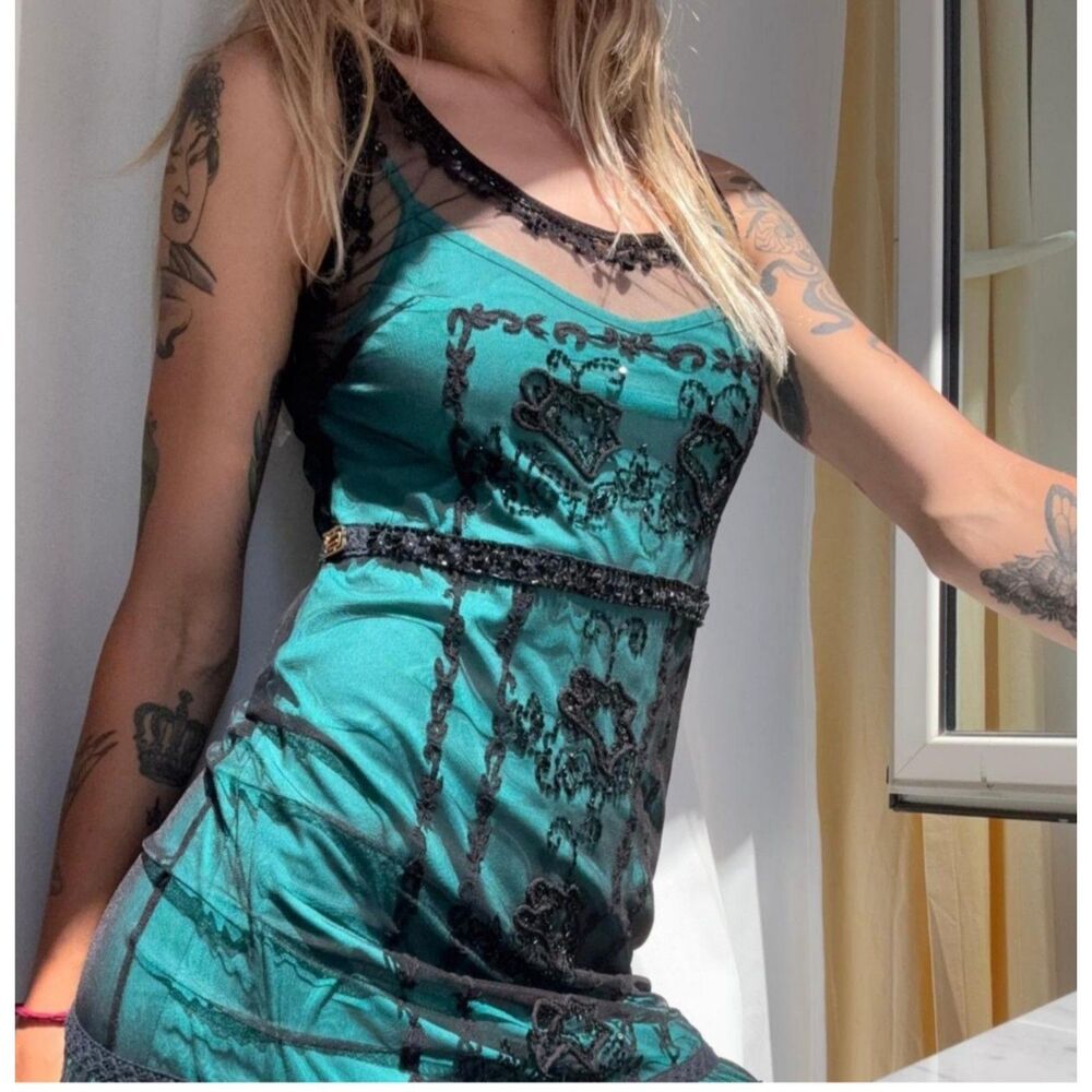 Stunning Class Roberto Cavalli Teal Green Lace Sequin Sheath Dress Size 6 IT 42